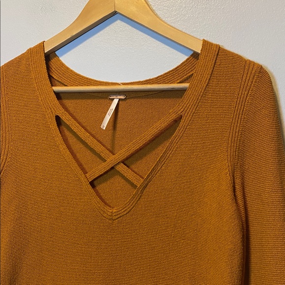 Free People Criss Cross Tunic Sweater Women’s Medium Ginger Root Linen Blend Top - Picture 4 of 15